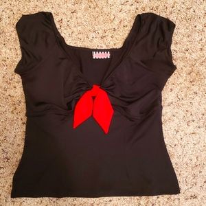 Pinup Couture Black Stretch Top with Red Tie Front.